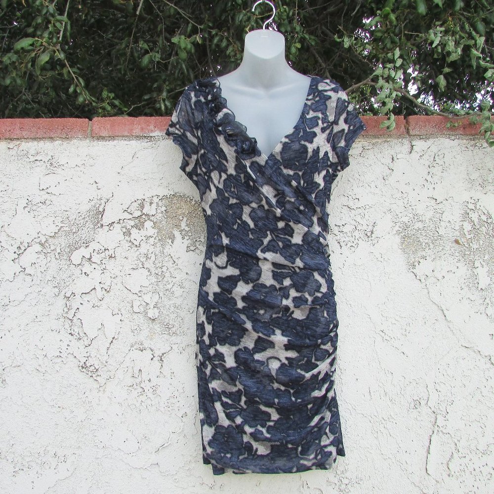 INC navy gray floral embellished neck dress L